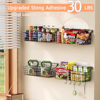 4 Pack EXTRA LARGE Hanging Wall Mount Storage Baskets With Divider, Metal Wire Basket With 4 Strong Adhesive Hooks +5 S Hooks,Organizing Wall Shelf for Home Kitchen Bathroom Pantry Garage RV, Black - size: 16.14''L x 6.06''Wx 5.91'' H- With Divider-4Pack