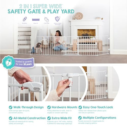 Regalo Safety 144" Super Wide Baby Gate & Play Yard, 2-in-1 Adjustable 6-Panel Safety Gate for Doorways & Large Openings, Hardware Mounted Gate for Babies, Toddlers & Pets - color: White, style: 144"W x 28"H
