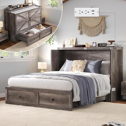 LUXOAK Murphy Bed Queen Size Cabinet Bed with Charging Station, Large Storage Drawer for Home Office or Small Room, Hideaway Bed Foldable Platform Bed, Rustic Grey - color: Rustic Grey, size: Queen