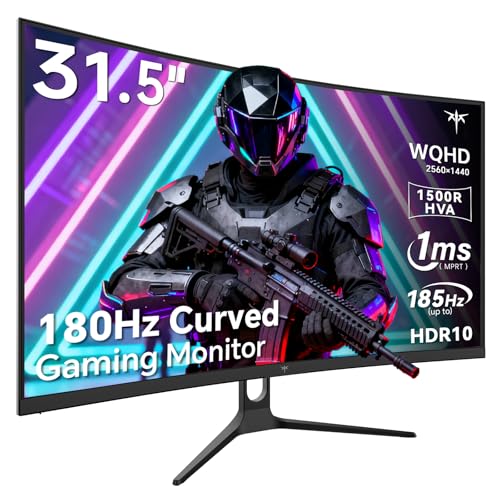 KTC 32 Inch Curved Gaming Monitor, 2K 180Hz Computer Monitor, Up to 185Hz, QHD 1500R PC Monitor 1ms with Adaptive Sync, DisplayPort/HDMI/USB, VESA Wall Mount, Tilt Adjustable, H32S5 - color: Black, size: 31.5"
