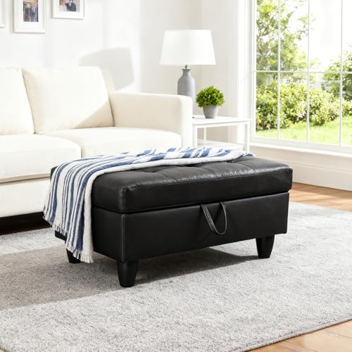 Leather Storage Ottoman Footstool Bench for Living Room Furniture,33.5" Large Square Foot Rest Stool Coffee Table,Leather Sofa Chair for Home Decor,Living Room,Bedroom,Apartment,Rv Car(Black) - color: Black 33.5