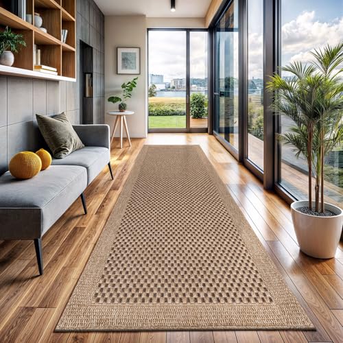 CAMILSON Indoor and Outdoor Runner Rug Natural Sisal Boho Woven Design Easy-Cleaning Non Shedding Fiber Living Room Bedroom Garden Patio and Kitchen Washable Outside Carpet Alfombras (2x7) - color: Checkered/Natural, size: 2' x 7' (Rectangular)