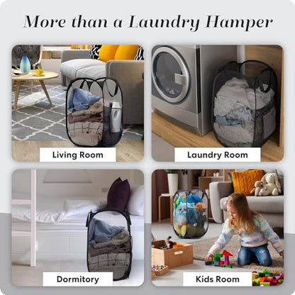 Handy Laundry Collapsible Mesh Pop Up Hamper with Wide Opening and Side Pocket - Breathable, Sturdy, Foldable, and Space-Saving Design for Clothes and Storage (Black | 2-Pack) - color: Black, 2-PACK