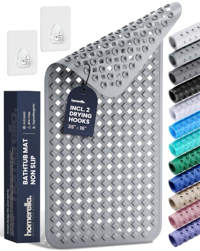 Bathtub Mat Non Slip 35x16 - homerella® Bath Mat Incl. Hooks for Drying, Extra Long, 100% BPA Free, Shower Mat Non Slip Anti Mold, Machine Washable, Shower Mats for Inside Shower Mildew Resistant - color: Grey, size: 34.5" x 15.5" (Rectangular)