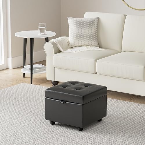 H&B Luxuries Tufted Leather Square Flip Top Storage Ottoman Cube Foot Rest (Black) - color: Black