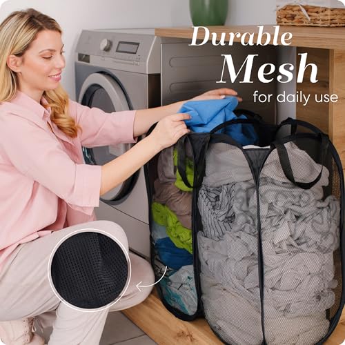 Double Laundry Hamper, Pop Up Mesh 2 Section - Handy Laundry Collapsible Divided Hamper, Large 44 Gallon Foldable Basket with Reinforced Handles for College Dorm, Travel, Home, Black - color: Black