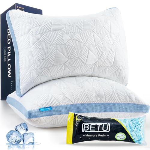 BETU Cooling Pillows Standard Size Set of 2, Shredded Memory Foam Cool Pillows for Hot Sleepers, Adjustable Firm Soft Support Bed Pillows Perfect for Back Neck Pain and Side Sleeping, Blue - color: Blue, size: Standard Size Pack of 2