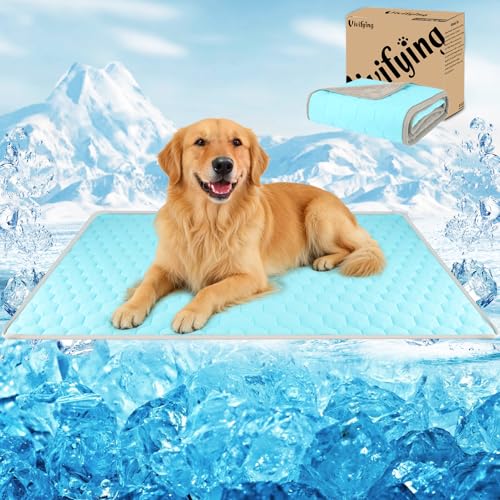 Vivifying Cooling Mat for Dogs, 60 x 40 Inch Waterproof Reversible Pet Cooling Blanket with Ice Silk & Soft Velvet, Year-Round Pet Pad for Large Dogs, Couch, Bed, Crate, Floor, Car Seat (Blue&Grey) - size: XX-Large