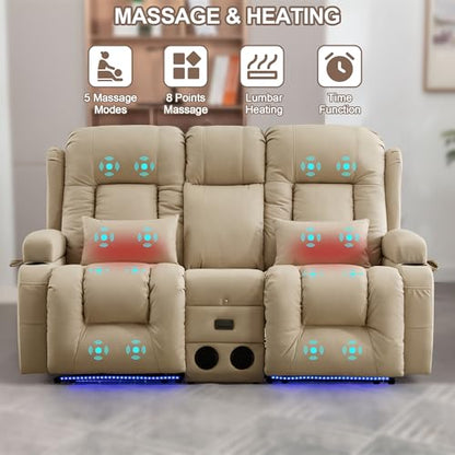 TUNYI Power Loveseat Recliner Sofa with Massage & Heat Home Theater Seating with Console RV Recliner Loveseat Sofa with USB/Storage/Side Pocket/LED Light/Speaker (Beige, Loveseat) - color: Beige, size: 2 Seat