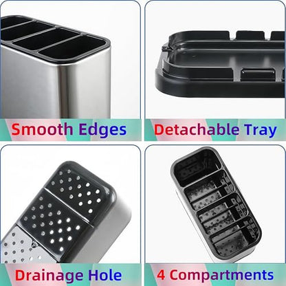 LIBODOUR Utensil Holder,Stainless Steel Caddy Counter,Spoon holder,4 Compartments Silverware Caddy,Capacity Flatware Spoon Fork Tool Cutlery Holder - color: Expand silvery