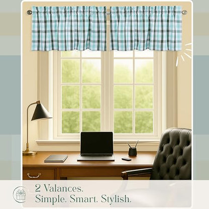 Gingham Valance Curtains, 2 Pack, 54x18 Inches, 100% Cotton Farmhouse Window Valances, Rod Pocket Curtain for Kitchen, Bedroom, Bathroom, Living Room, Mint Green - Aqua Green - White - color: Multi Green - Gingham, size: 18"W x 54"L (Pack of 2)