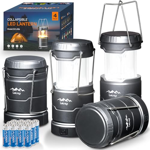 LETMY LED Camping Lantern for Power Outages, 3 Color Modes & Dimmable Battery Powered Lantern, IPX4 Waterproof & Collapsible, Lanterns Flashlight Survival Kits for Emergency Hurricane Hiking, 4 Pack - style: Dark Gray-4 Pack