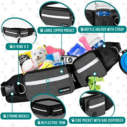 PetAmi Hands Free Dog Leash, Dog Running Leash Belt Bag for Walking, Jogging, Dog Waist Double Zipper Pouch with Poop Bag Dispenser, Dual Padded Handles Reflective Bungee Leash, Double (Charcoal Grey) - color: Charcoal Grey, size: 2 Leashes