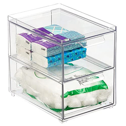 mDesign Stackable Storage Containers Box with 2 Pull-Out Drawers - Stacking Plastic Drawer Bins for Master or Guest Bathroom, Linen Closet, Vanity, or Makeup Table - Lumiere Collection -Clear - size: 8 x 6 x 7 (Pack of 1)