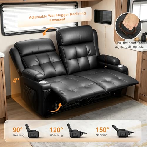 Reclining Loveseat, 55.1" RV PU Leather Wall Hugger Recliner Love Seats Sofa with Charging Station, Removable Armrest, Cup Holder, Double Recliners Couch, Manual Love Seat for Living Room - color: Midnight Black, size: Hera - Loveseat