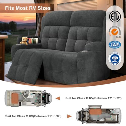 RV Loveseat Recliner Sofa, Reclining Loveseats Couch for RV Furniture, Home Theater Seating with Massage, USB, Insert Pockets, Cup Holders, 150° Wall Hugger RV Recliners Sleeper Sofa - color: Velvety Gray, size: Loveseat-G1