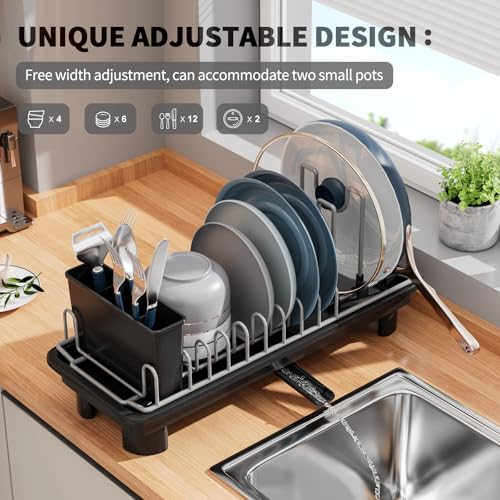 SanDream Small Dish Drying Rack with Removable Utensil Holder & Anti-Scratch Base - Stainless Steel Dish Rack, Dish Drying Rack with Drainage & Space Saving Design for Kitchen Counter, Black - color: Black