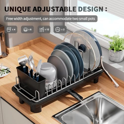 SanDream Small Dish Drying Rack with Removable Utensil Holder & Anti-Scratch Base - Stainless Steel Dish Rack, Dish Drying Rack with Drainage & Space Saving Design for Kitchen Counter, Black - color: Black
