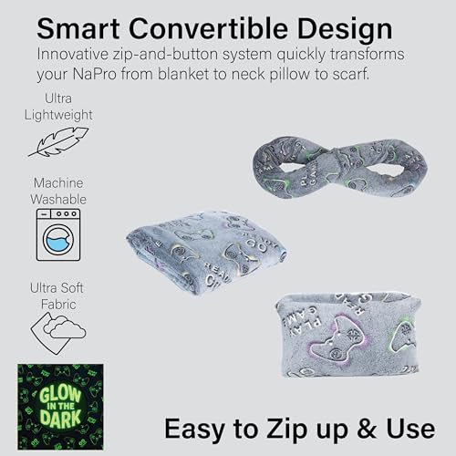 NAPRO Kids 3-in-1 Travel Blanket and Pillow Combo, Convertible Infinity Scarf, Lightweight Neck Support for Airplane, Car & Camping, Glow-in-the-Dark - Gamer - color: Gamer