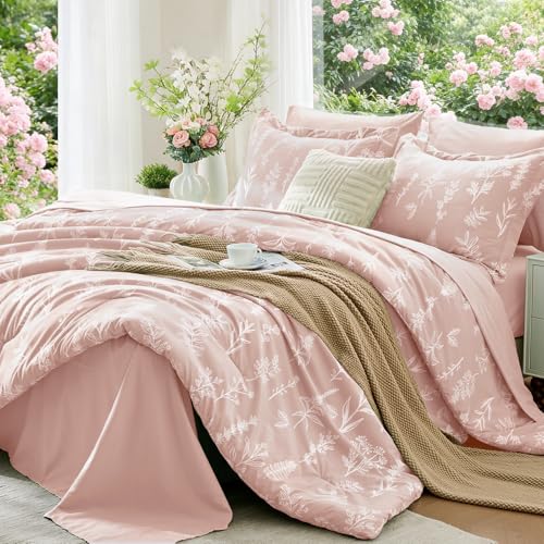 MUXHOMO Cameo Pink Full Comforter Set, Elegant Floral Print Bed in a Bag 7 Pieces, Ultra Soft & Breathable Reversible Botanical Pattern Bedding Set with Comforter, Sheets, Pillowcases, and Shams - color: Cameo Pink Leaves, size: Full(82"x86")