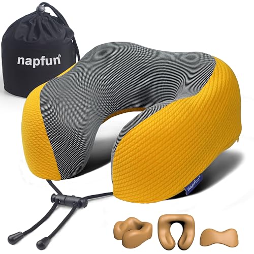 napfun Neck Pillow for Traveling, Upgraded Travel Neck Pillow for Airplane 100% Pure Memory Foam Travel Pillow for Flight Headrest Sleep, Portable Plane Accessories, Yellow - color: Yellow