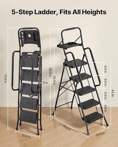 VEVOR 5 Step Ladder, Folding Step Stool with Wide Anti-Slip Pedal, Tool Tray, Dual Side Handrails, Portable Steel Ladder, Multi-Use for Kitchen, Home, Household and Office, Black - size: 20.9 x 41.9 x 68.5 in(Expanded)