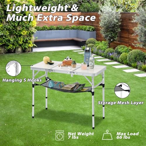 YihuiKo 3ft Aluminum Folding Picnic Table - Lightweight & Portable Outdoor Table with Adjustable Height, Storage Net for Camping, Backyard, RV Trips - size: 35" x 16" x 27.5"