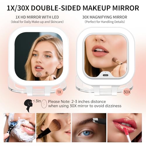 FUNTOUCH Rechargeable Travel Makeup Mirror, 30X/1X Rechargeable Double Sides Magnifying Mirror with 3 Light Settings & Adjustable Brightness,Compact Mirror with PU Bag Valentine's Day Gift, White - color: White-c