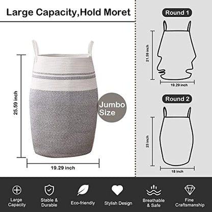 OIAHOMY Laundry Hamper Woven Cotton Rope Large Clothes Hamper 25.6" Height Modern Curve Basket with Extended Cotton Handles for Storage Clothes Toys in Bedroom, Bathroom, Foldable (White & light grey) - color: White & light grey