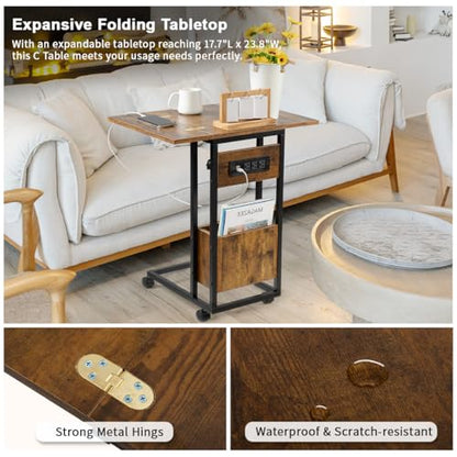 Hadulcet C Shaped End Table with Charging Station & Foldable Tabletop, Folding TV Tray Table with Storage, Laptop Table for Couch, C Table for Sofa, Living Room Bedroom Small Spaces, Rustic Brown