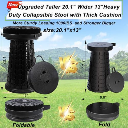 2026 Heavy Duty XXXL Collapsible Stool with Thick Cushion&Carry Bag,More Sturdy 1000LBS Capacity,20.1" Taller&13" Wider Foldable Telescoping Stool for Adults,Outdoors,Camping,Fishing,BBQ