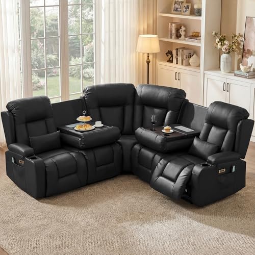 TUNYI Power Loveseat Recliner Sofa with Massage & Heat Home Theater Seating with Console RV Recliner Loveseat Sofa with USB/Storage/Side Pocket/LED Light/Speaker (Black, 4 Seat with Corner) - color: Black, size: 4 Seat with Corner