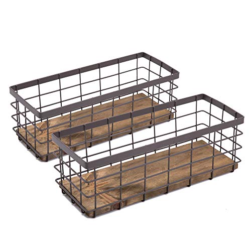 TIEYIPIN Small Metal Wire Storage Basket, Detachable Wood Base Storage Organizer Bin Basket for Kitchen Cabinets, Bathroom, Pantry, Garage, Laundry Room - Brown (2 Pack) - color: Brown, size: 2 Pack