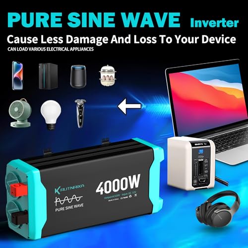 4000W Pure Sine Wave Inverter Peak 8000w 12V DC to 120V AC for RV, Truck, Off-Grid, Home, Solar Car Power Inverter with Dual AC Hardwire Port, 20A Socket, 5V 2.1A USB - size: Pure sine 4000w