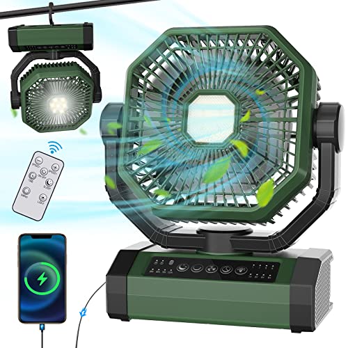 Rechargeable Auto Oscillating Fan with Remote & Timer & LED Light, 9-Inch 20000mAh Battery (70Hrs), Portable USB Fan for Camping, Travel, Worksite & Strong Hurricanes - color: Green