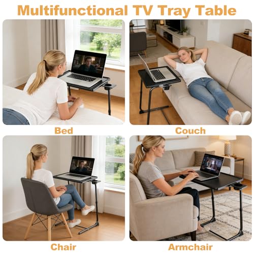 Adjustable TV Tray Table - 6 Height & 3 Tilt Angle Adjustments | Multifunctional Foldable Tray Table with Removeable Cup Holder for Eating or Working on Couch, Bed & Office