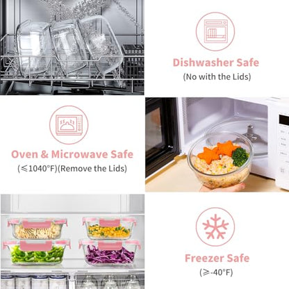 34pcs Glass Food Storage Containers with Lids Set, Airtight Glass Meal Prep Containers (17 Containers & 17 Lids), Leak Proof Lunch Container BPA-Free, Microwave, Oven, Freezer, Dishwasher Safe-PINK - color: PINK