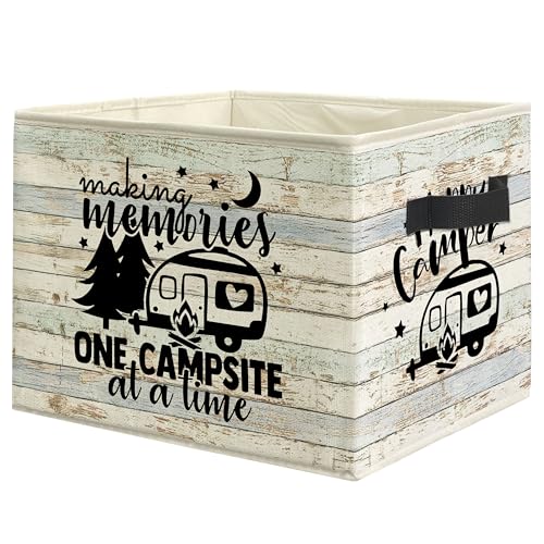Rustic Camping Camper Storage Bin Box with Handles, Making Memories One Campsite at a Time Foldable Linen Fabric Laundry Basket for Home Bedroom Bathroom Clothes Toys Books - color: black