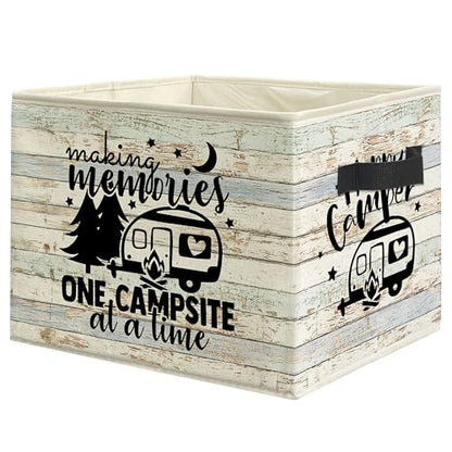 Rustic Camping Camper Storage Bin Box with Handles, Making Memories One Campsite at a Time Foldable Linen Fabric Laundry Basket for Home Bedroom Bathroom Clothes Toys Books - color: black