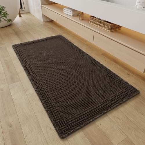 RESARE Waffle Bathroom Runner Rugs, Super Absorbent Bath Mat Non Slip Washable Quick Dry, Upgraded Ultra Soft Boho Bath Rugs with Tassels, Farmhouse Home Decor Accessories, 2'x4'(24"x48") Chocolate - color: Chocolate, size: 2' X 4'