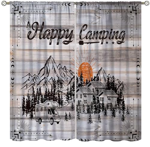 Vintage Camper Curtain,Happy Camping Watercolour Vintage Wooden Farmhouse Rustic Printed Rod Pocket Window Drapes for Bedroom Living Room Decor 42" W X 45" L - color: Camping-14, size: 20.5"W x 45"L (Pack of 2)