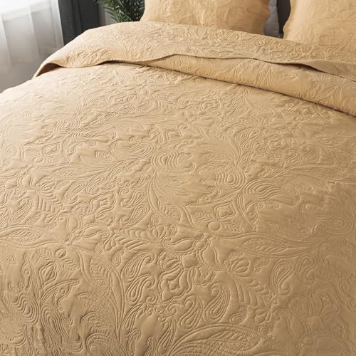 HoneiLife Queen Quilt Bedding Set - 3 Piece Microfiber Quilt Sets Lightweight Bedspreads Reversible Coverlets Retro Bed Cover Paisley Pattern Bedding Set All Season Quilts-Yellow - color: Dusty Yellow, size: Queen/Full-90"x96"