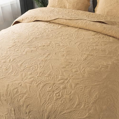 HoneiLife Queen Quilt Bedding Set - 3 Piece Microfiber Quilt Sets Lightweight Bedspreads Reversible Coverlets Retro Bed Cover Paisley Pattern Bedding Set All Season Quilts-Yellow - color: Dusty Yellow, size: Queen/Full-90"x96"