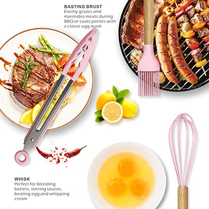 oannao Silicone Kitchen Utensils Set - 446°F Heat Resistant Cooking Utensil Sets, Spatula,Turner,Tongs,Spoon,Whisk, Wooden Handle Silicone Kitchen Gadgets Tools for Non-Stick Cookware BPA Free (Pink) - color: Pink