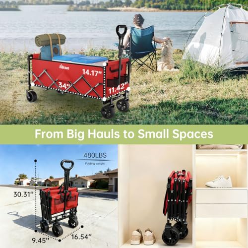 Extra Long Collapsible Wagon Cart, 480LBS Heavy Duty Utility Wagons with All-Terrain Wheels, Foldable Grocery Carts for Gardening, Shopping, Beach, Camping, Cherry Red - color: Cherry Red