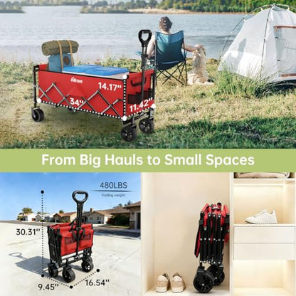 Extra Long Collapsible Wagon Cart, 480LBS Heavy Duty Utility Wagons with All-Terrain Wheels, Foldable Grocery Carts for Gardening, Shopping, Beach, Camping, Cherry Red - color: Cherry Red