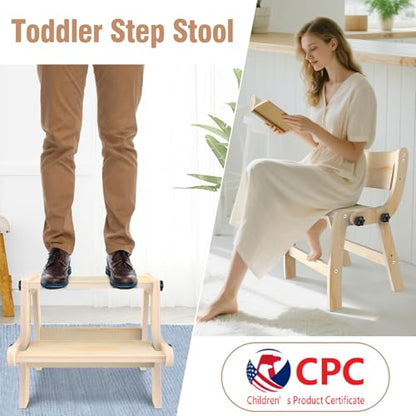 Toddler Step Stool, Foldable Step Stool for Kids, Convert to Chair, Toddler Stool for Bathroom Sink & Potty Training, Wooden Step Stools w Non Slip Base for Kitchen, Bedroom - color: Natural Wood