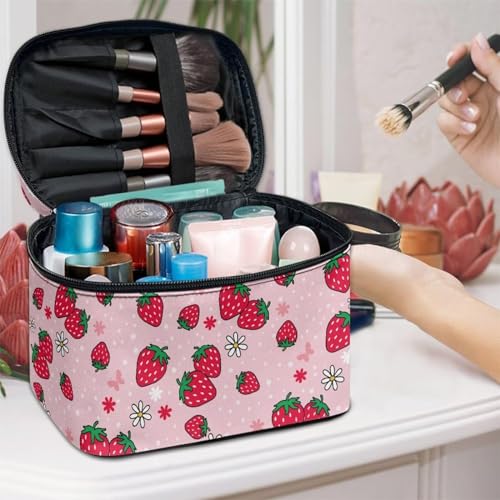 Flashideas Cute Strawberry Cosmetic Bag Large Capacity Travel Make Up Bag Double Zippers Can Hold Makeup Brushes Skincare Toiletry Bag for Skincare Makeup Organizer Bag - color: Cute Strawberry 2