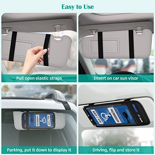 SITHON Handicap Placard Holder for Car Visor, Disabled Parking Permit Sign Protector with Pen Holder, Card Slots and Elastic Strap, Black