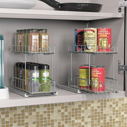 Simple Houseware 2-Tier Spice Rack Slide Out Wire Basket Drawer Organizer, Silver - color: Silver